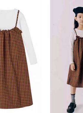 Z家童装女童连衣裙24春新款6-14岁中大童上衣格子连衣裙两件套