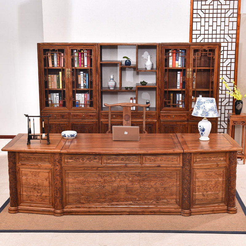 老榆木红花梨色办公桌中式老板桌实木大班台书房九龙雕刻电脑桌