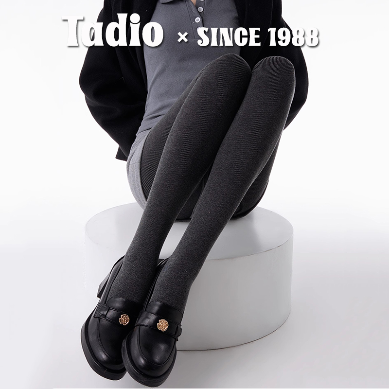 日本Tadio灰色打底裤女秋冬款加绒日系黑色保暖竖条纹羊绒连裤袜