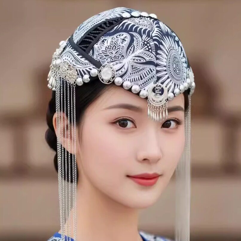 亿舞复古民族风刺绣花朵发帽女银泡流苏链条百搭写真拍照配饰女