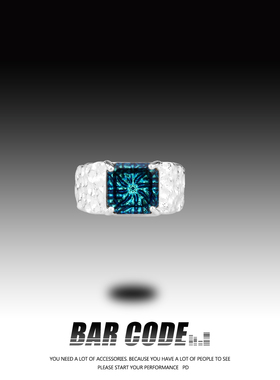 BARCODE蓝色水晶宽版戒指男女潮ins嘻哈个性时尚小众开口戒可调节