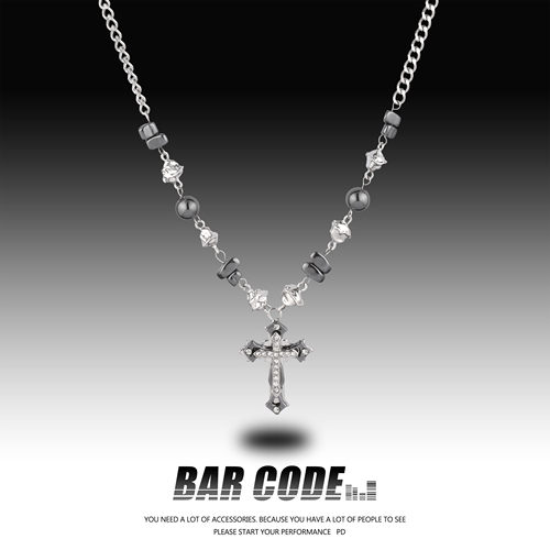 黑色冰裂十字架项链中性款锁骨链