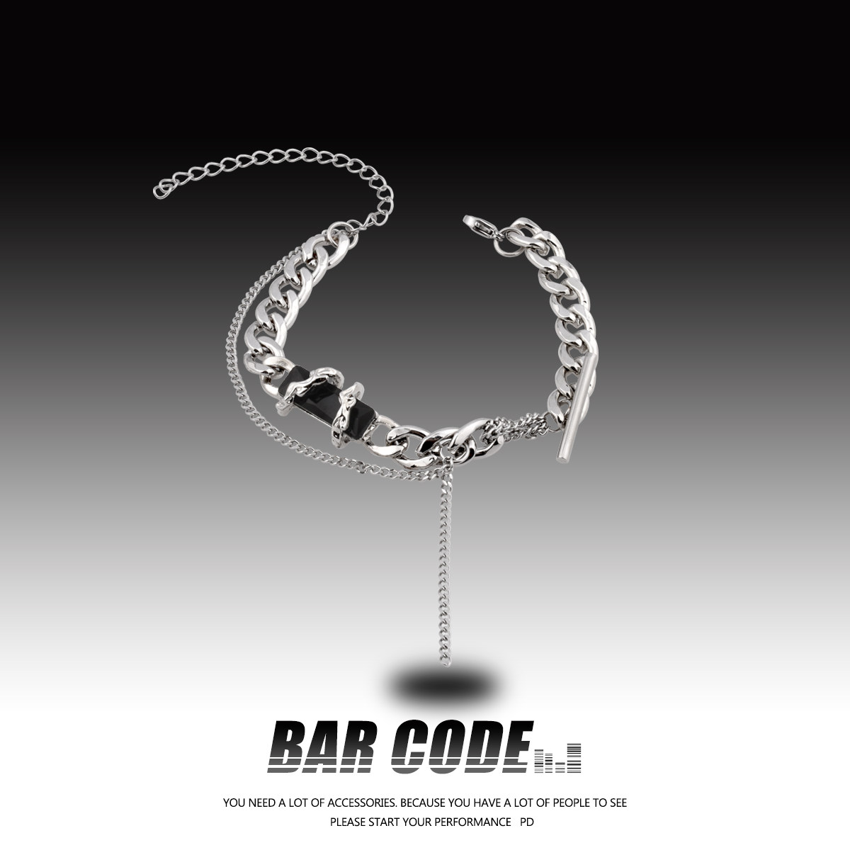 BAR CODE 缠绕黑色宝石拼接手链男女潮酷ins小众个性高级感手环