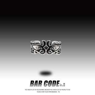 夸张单身食指开口戒潮女 兽面之纹复古戒指男ins嘻哈个性 BAR CODE