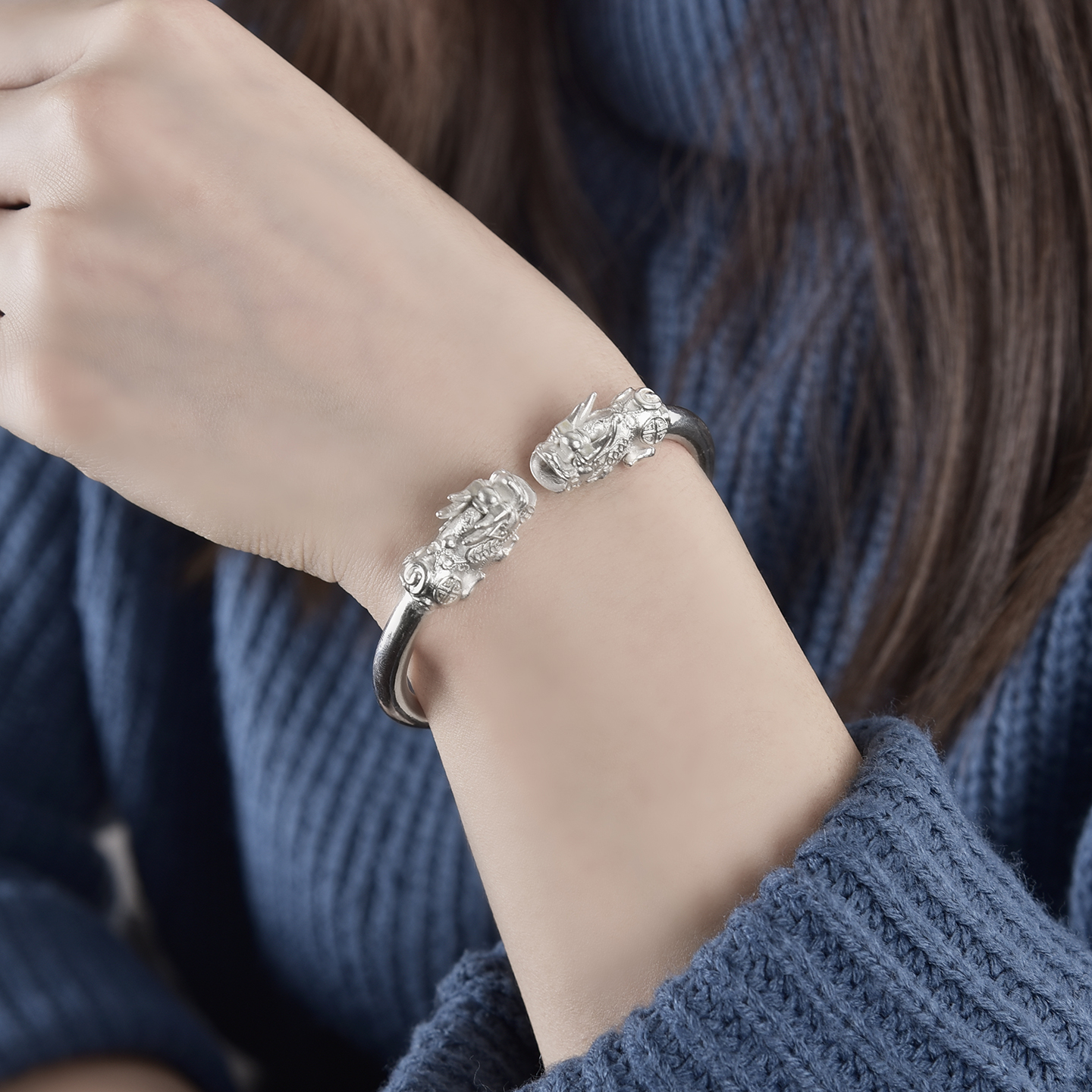 民族风999足银貔貅开口手镯定制