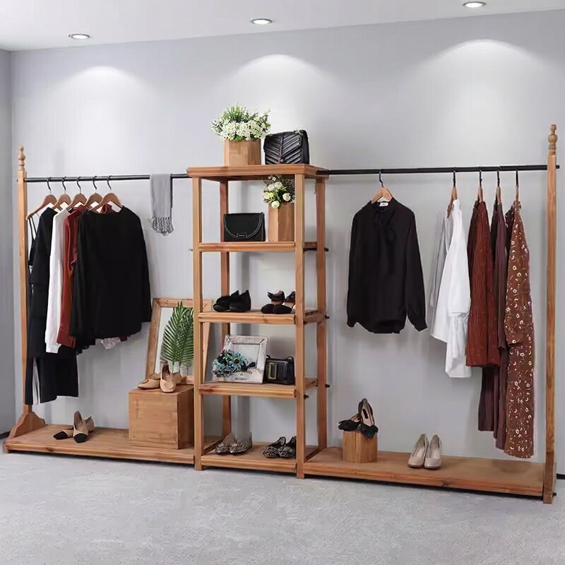 服装店展示架实木连体双杆组合铁艺挂衣架多层包包鞋架收纳置物架