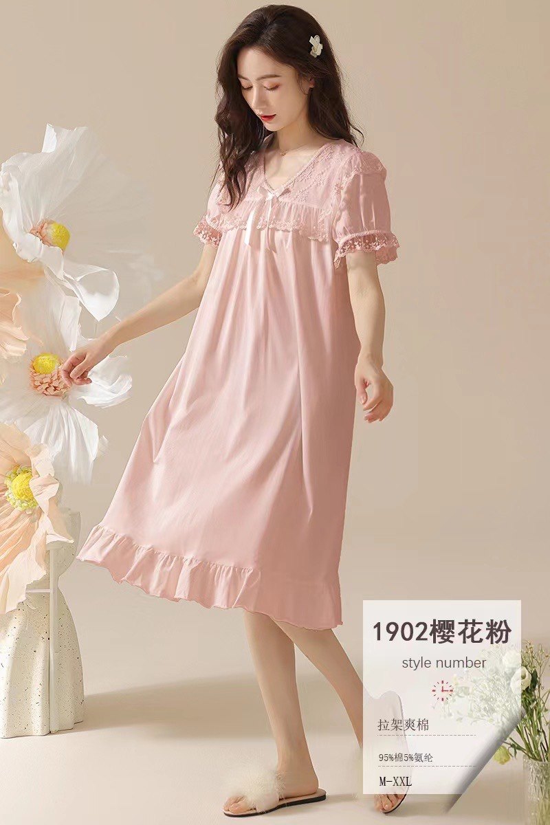 夏季纯棉公主风中长款睡裙女短袖纯色高级感蕾丝花边公主风家居服