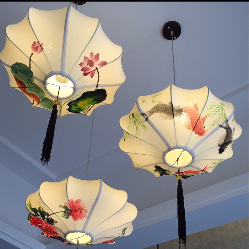 包邮现代新中式圆形手绘画吊灯仿古布艺灯笼客厅餐厅酒店工程灯具