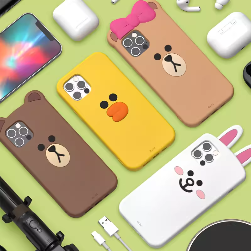 LineFriends布朗熊丘可适用苹果15pro max硅胶手机壳iPhone14pro全包防摔保护套软13立体公仔可