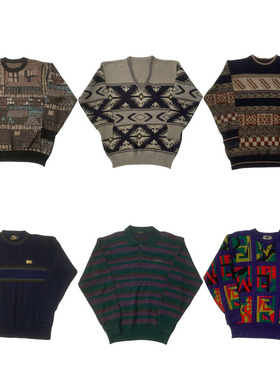 古着vintage复古日系宽松撞色波普图案毛衣针织衫男女秋冬H227