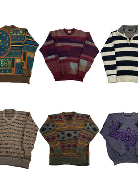 古着vintage复古日系宽松撞色波普图案毛衣针织衫男女秋冬H67
