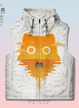原创卡通夕阳落日猫咪头氛围感萌宠加厚马甲男女外套0017设 无界