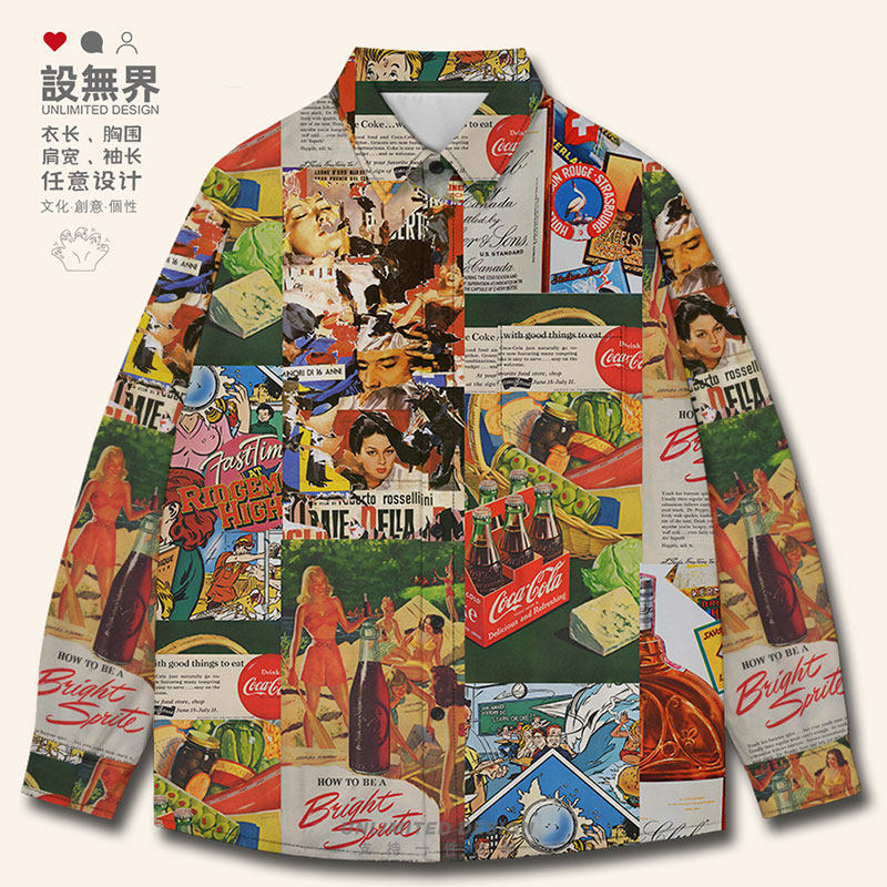 上世纪复古欧美海报拼接长袖衬衫
