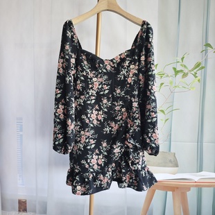 优雅短裙 雪纺碎花连衣裙女收腰显瘦长袖 美国订单 春秋季