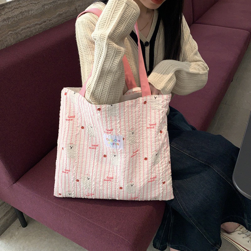 条纹发泡可爱卡通双层帆布袋少女心学生上课装书单肩包简约购物袋,箱包皮具/热销女包/男包,托特包,淘宝优惠券,粉丝福利购,淘宝优惠卷