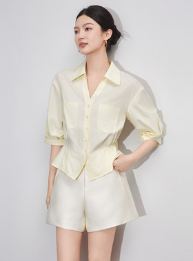 大臂遮肉收腰显瘦黄色显白女士衬衫七分袖翻领知性设计感开衫上衣