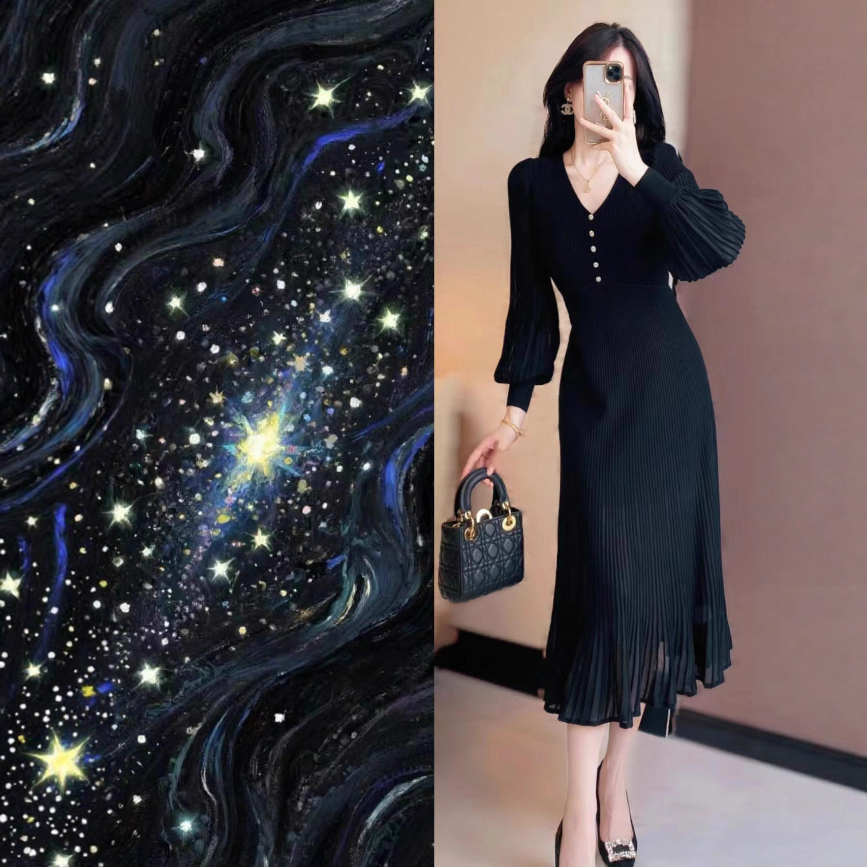 明星同款南油高品质名媛风百褶羊毛针织V领长袖鱼尾裙修身连衣裙