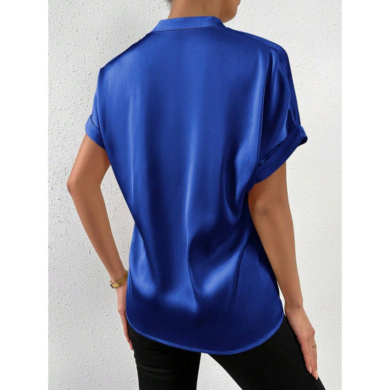 women's short sleeves Satin Stand Collar Shirt 缎面立领衬衫