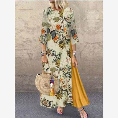 Autumn and winter retro floral round neck stitching dress lo