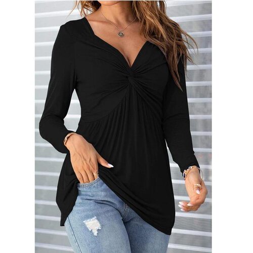 female black blouse V Neck Front Knot Shirt 女士V领结结衬衫