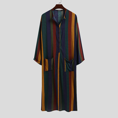 Button Stripes Print Shirt Men Muslim Robes 男士条纹长袍衬衫