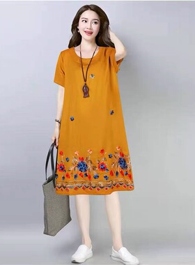 Summer New Women's Tencel Cotton Midi Loose Casual Dress Emb