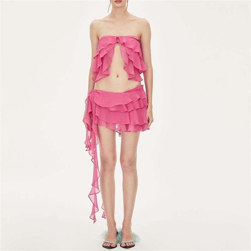 Ruffled ribbon solid color tube top umbilical sexy skirt set