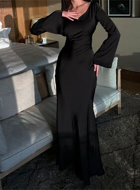 2024 New Elegant Long Dresses Fashion Vintage Simple Round N