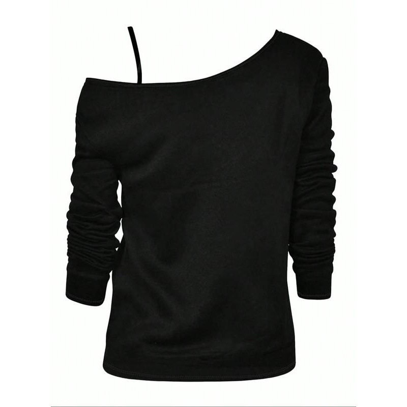 Simple Versatile Women T-shirt 3/4 sleeves 女式单肩黑色T恤图片