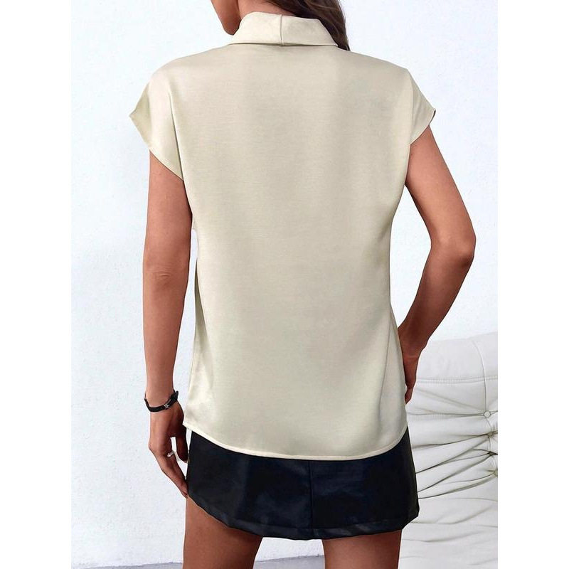 ladies tank Satin Bow Short Sleeve Blouse 缎面蝴蝶结短袖衬衫