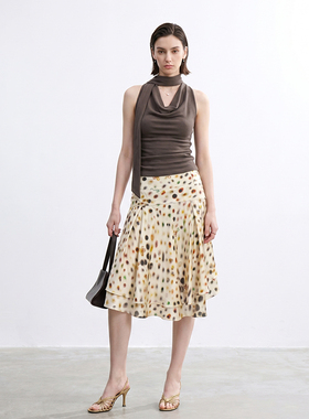 飘带荡领背心碎花半身裙套装