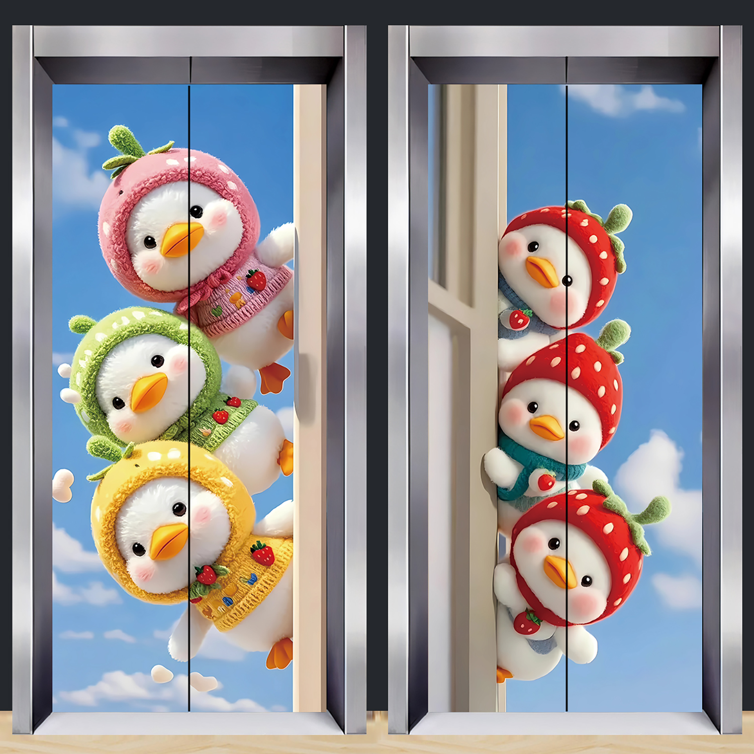 卡通可爱鸭子电梯门贴纸可达鸭自粘翻新加油鸭一梯一户改造贴画图片