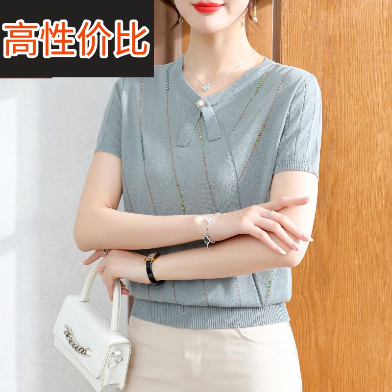 妈妈夏装新款冰丝小衫40-50岁妇女短袖针织t恤中老年人小个子上衣