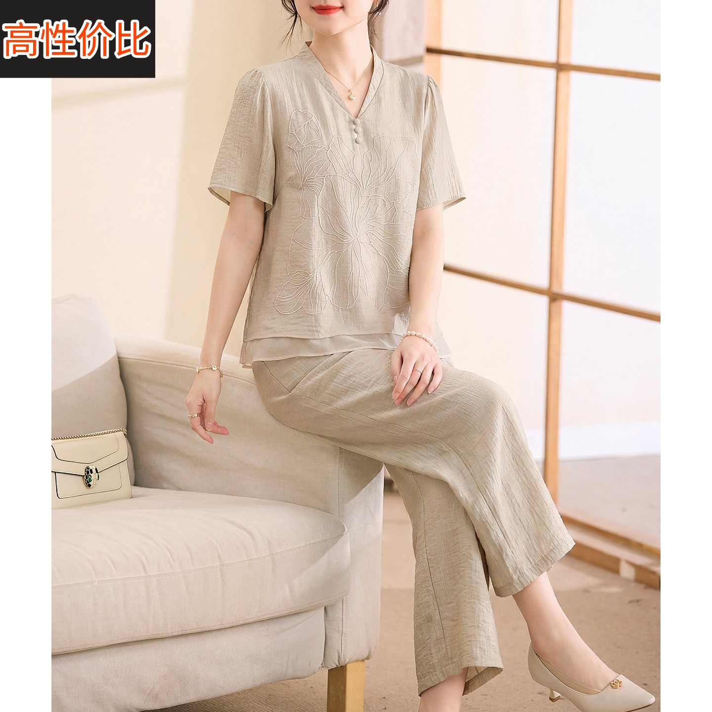 喜卉妈妈夏装2026新款端庄大气时尚套装中老年女装短袖小衫两件套