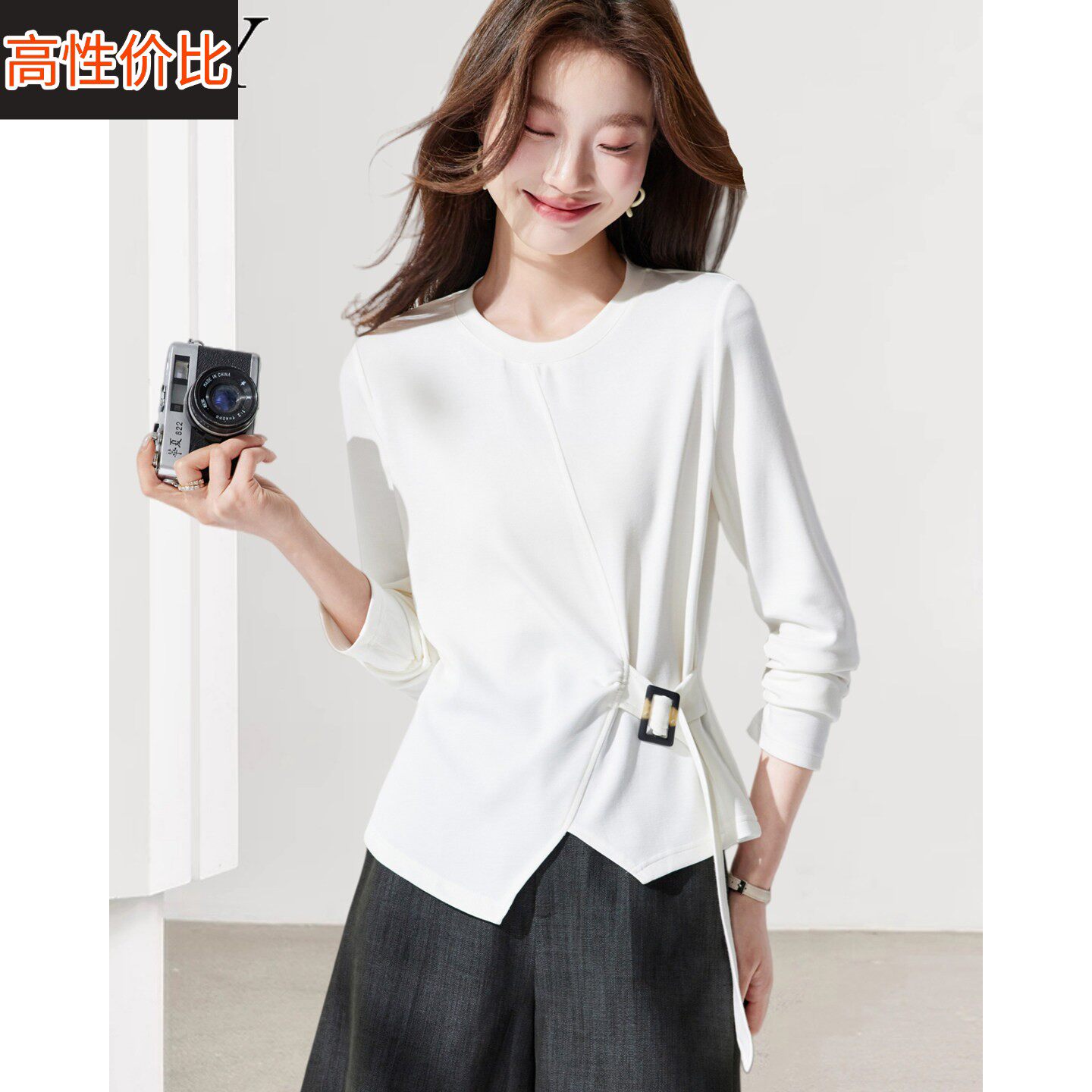 2026春装新款高级感不规则圆领短款T恤小个子收腰显瘦洋气上衣女