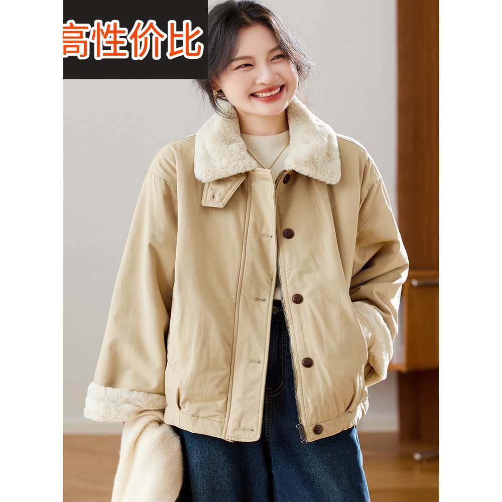 2025新款秋冬季加绒加厚翻领短外套女高级感气质宽松卡其色派克服