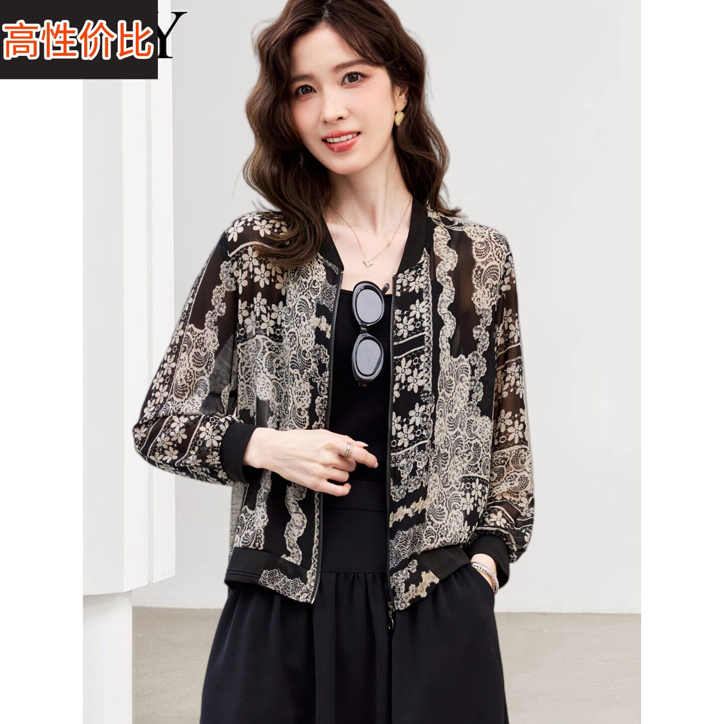 2026春装新款复古图案拉链防晒小开衫长袖轻熟雪纺拉链短外套女薄