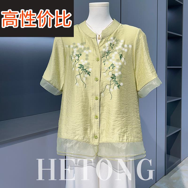 新中式妈妈夏装棉麻短袖衬衫2025新款中年老女装洋气国风T恤小衫