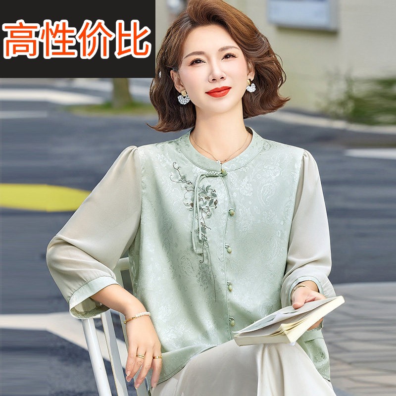 国风中年衬衫女开衫夏装桑蚕丝100%套装妈妈绣花真丝圆领上衣薄款