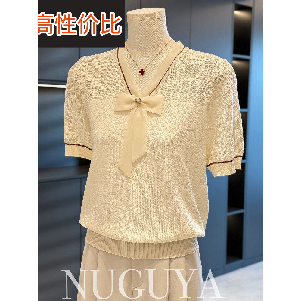 时尚的年轻母亲的针织品妇女短袖2025夏季新上衣减少中年t恤