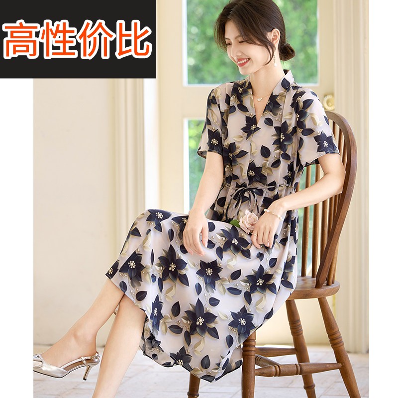 喜卉妈妈夏装短袖雪纺洋装中老年女装夏季时尚洋派收腰显瘦裙子