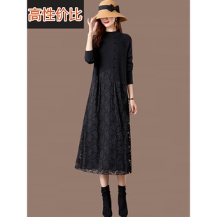 搭配大衣女士秋冬季内搭过膝毛衣蕾丝针织洋气打底衫长款连衣裙子