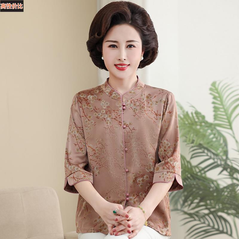 妈妈春夏装中式中国风真丝衬衫女中老年唐装印花夏装桑蚕丝上衣女