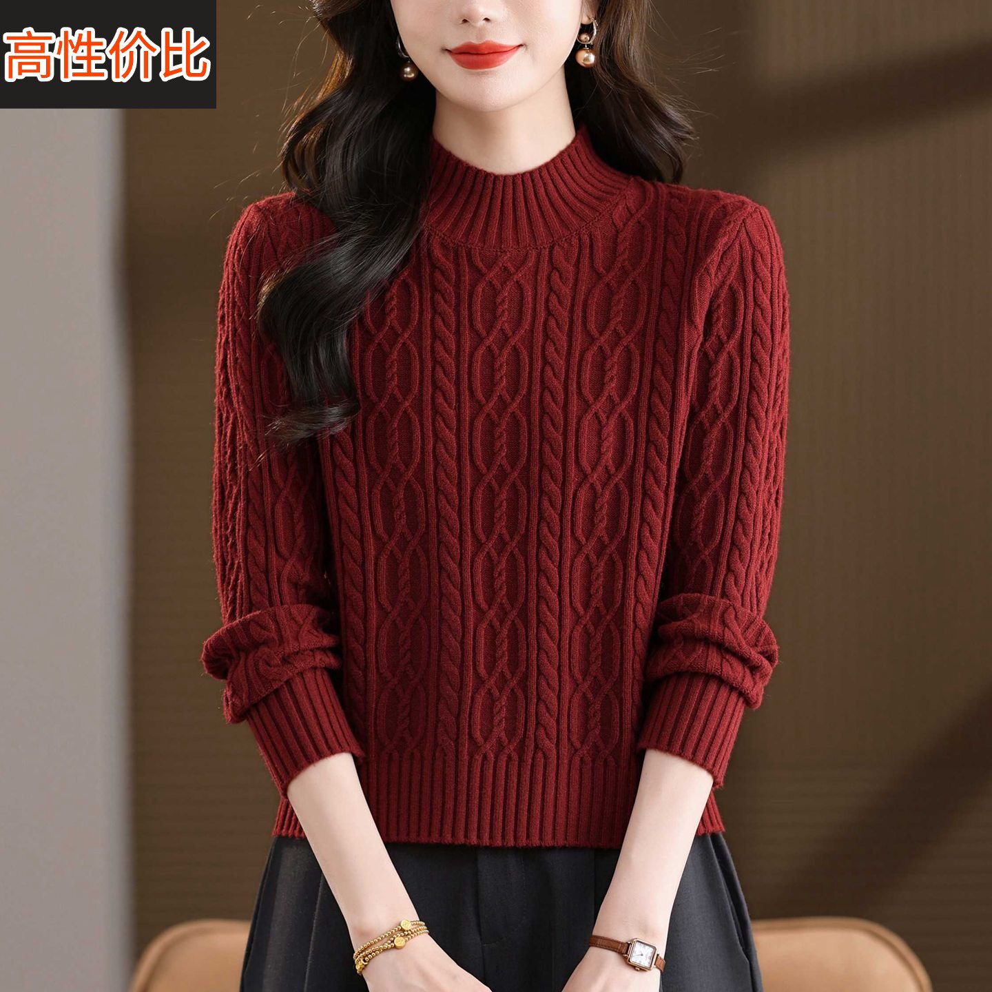 半高领针织衫女套头短款秋冬季红色麻花加厚毛衣内搭减龄打底衫潮