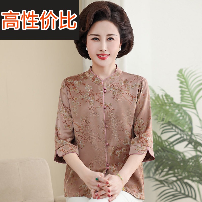 妈妈春夏装中式中国风真丝衬衫女中老年唐装印花夏装桑蚕丝上衣女