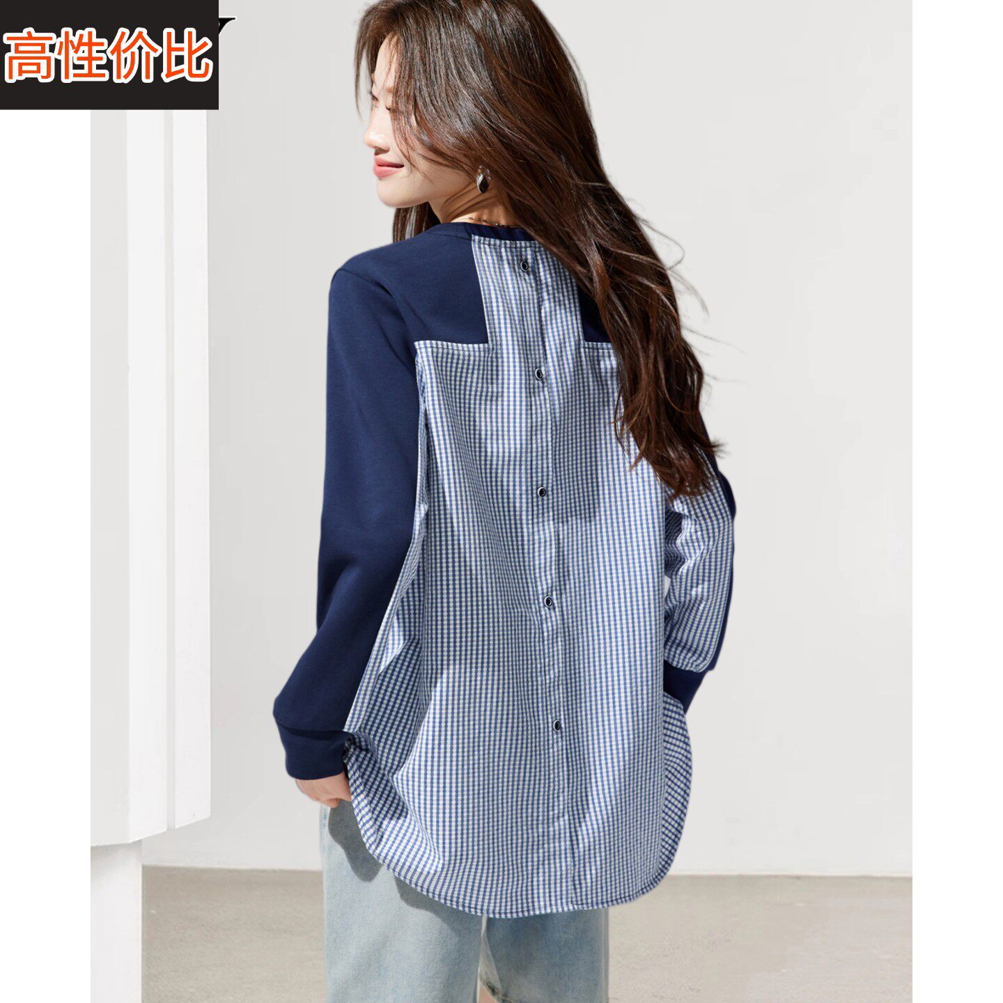 2026春装新款圆领无帽遮屁股拼色T恤假两件洋气微胖慵懒上衣女装