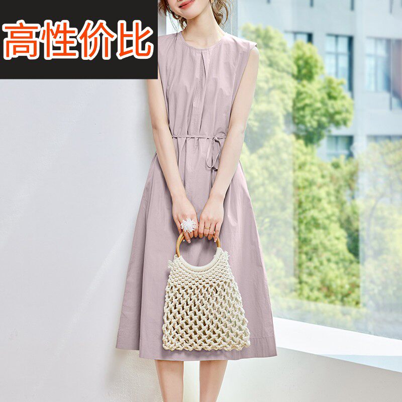 2025夏日新款温柔优雅纯棉无袖洋装时尚系带收腰简约纯色裙子女