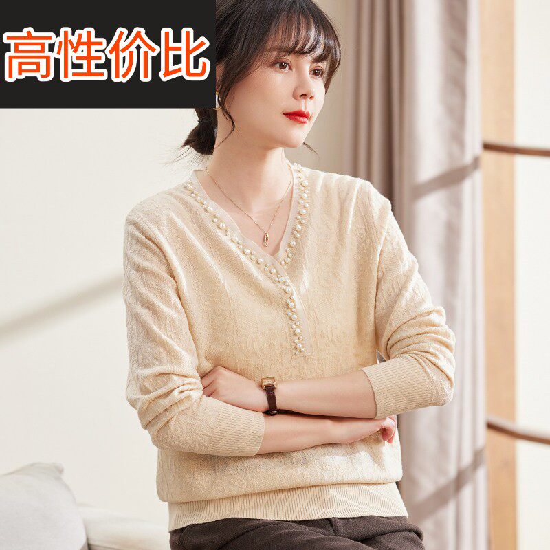 喜卉妈妈秋季新款V领气质针织衫中老年女装洋派宽松打底保暖上衣