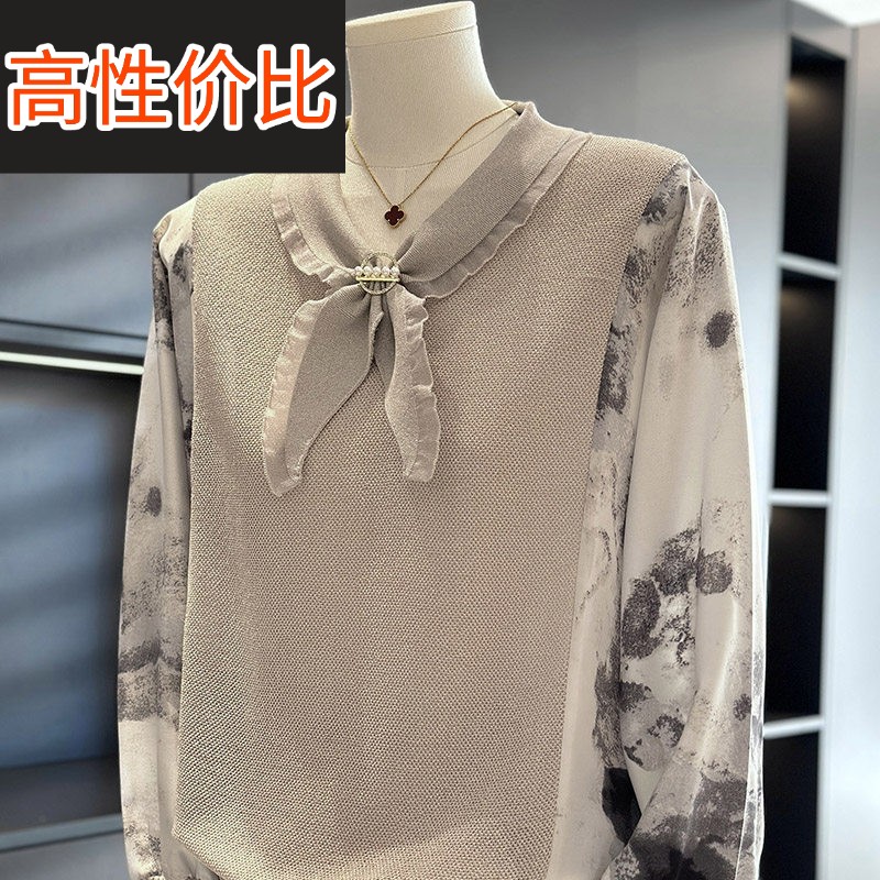 时尚洋派妈妈装雪纺针织衫女春装新款上衣气质百搭中老年打底衫薄