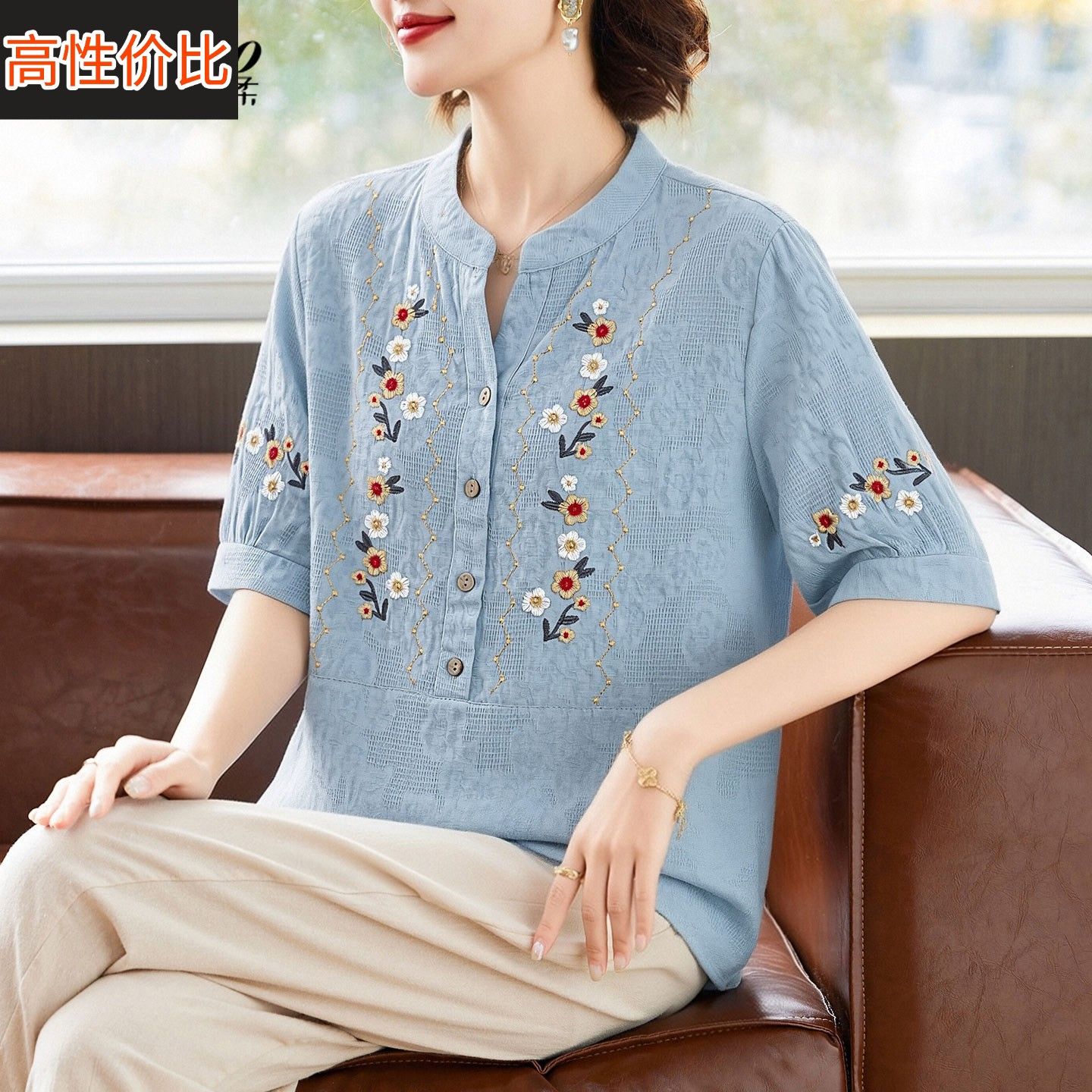 妈妈夏装端庄大气棉麻套装2026新款中老年人女装夏季绵绸短袖t恤